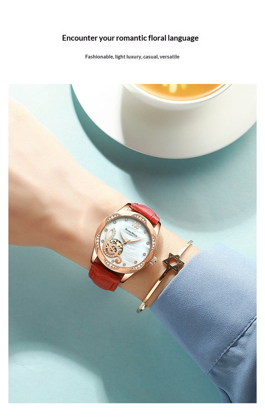 Reloj Automático para Mujer Deyi Bird Rojo Vino con Diseño Calado - Image 17