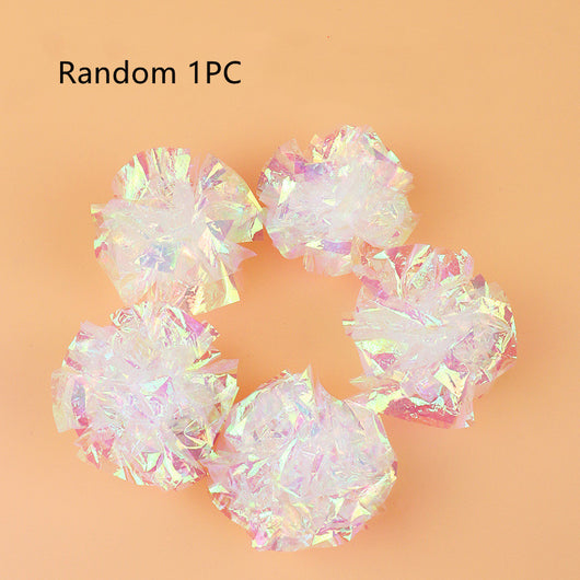 Five iridescent crinkle paper balls, likely cat toys, arranged in a circle on a peach background. - Image 14