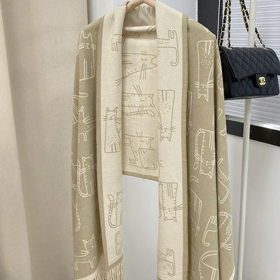 Bufanda de Cashmere con Jacquard de Gato - Versátil y Adorable para Invierno - Image 6