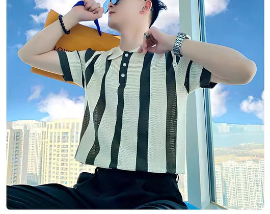Polo Tejido a Rayas para Hombre con Cuello Vuelto Moderno - Image 19