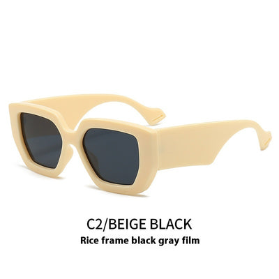 Beige square frame sunglasses with dark gray lenses, featuring a thick, fashion-forward design. - Image 8