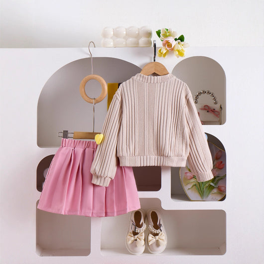Conjunto Elegante: Abrigo Manga Larga y Falda Tableada Liso - Image 3