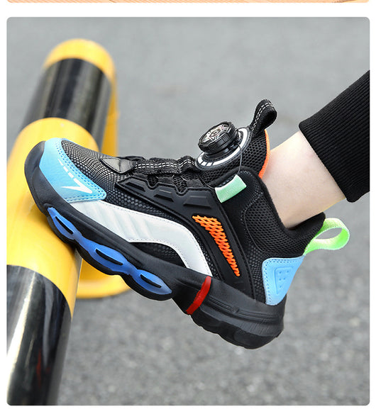 Black, white, and neon green children's basketball shoes with rotating buckle closure, featuring a mid-top design. - Image 28