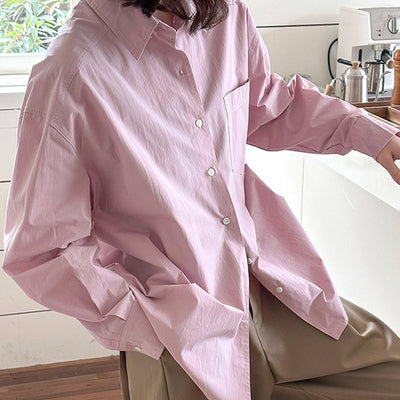 Camisa de Diseño Coreano con Cuello Solapa y Manga Larga