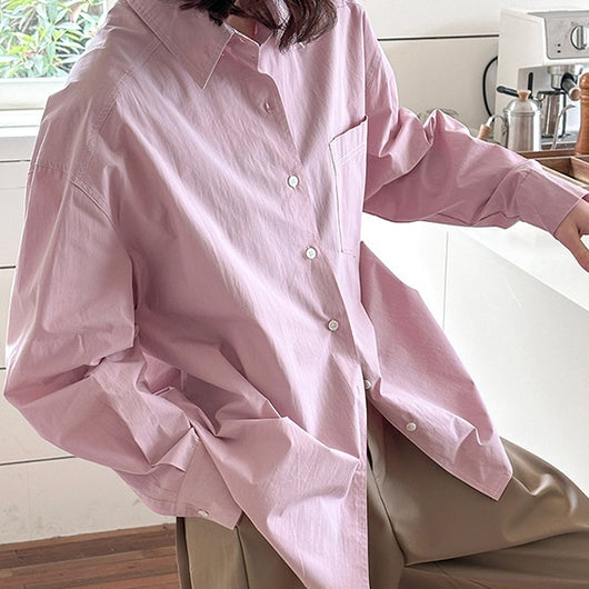 Camisa de Diseño Coreano con Cuello Solapa y Manga Larga