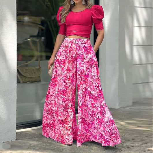 Conjunto Elegante: Blusa Manga Abullonada con Pantalón Ancho Estampado - Image 3
