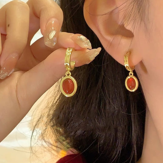 Aretes Retro Ojo de Gato Rojo Estilo Francés