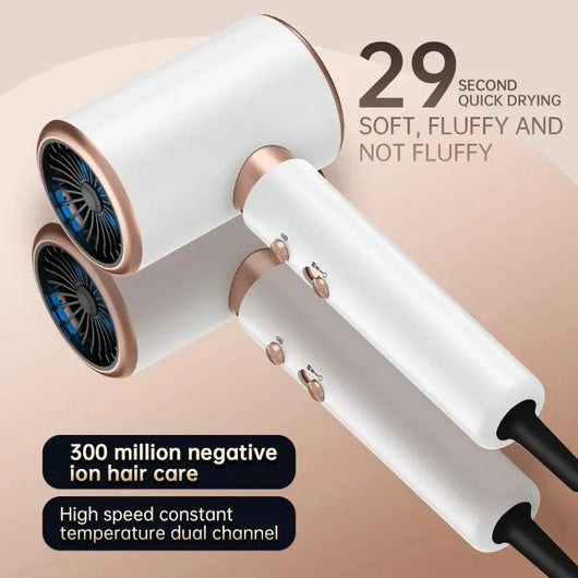 White professional hair dryer with rose gold accents, blue fan, and two control buttons, shown with a US 110V plug and a 360-degree rotating air collector nozzl - Image 2