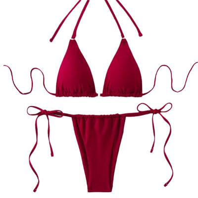 Brown bikini set with triangle top and thong bottom, featuring adjustable straps, displayed on a marble surface. - Image 5