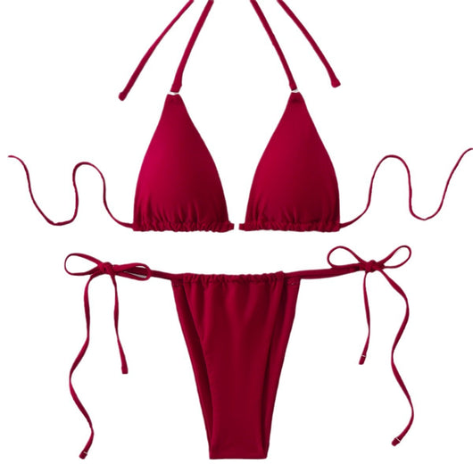Brown bikini set with triangle top and thong bottom, featuring adjustable straps, displayed on a marble surface. - Image 5