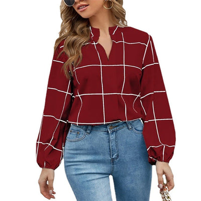 Camisa Mujer Cuello de Pie Manga Larga Estampado Cuadros - Image 2