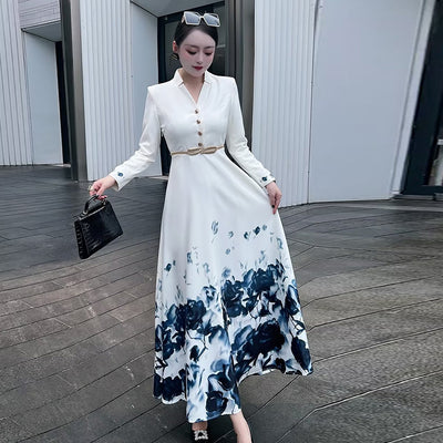 Vestido Largo V-Escote Manga Larga con Estampado Acuarela Blanco