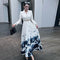 Vestido Largo V-Escote Manga Larga con Estampado Acuarela Blanco