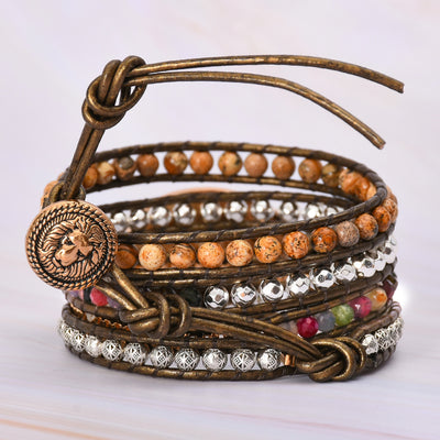 Pulsera de Cuero con Piedra de Imagen Natural y 5 Anillos Enrollados - Image 6
