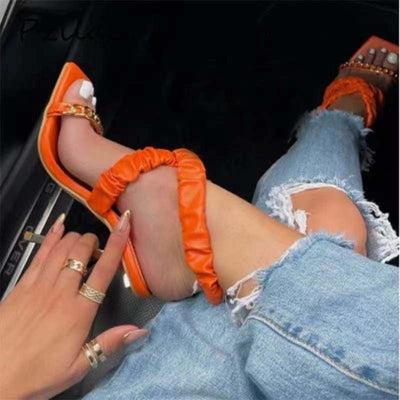 Sandalias de Cuero Plisado con Tacón Stiletto para Mujer - Image 7