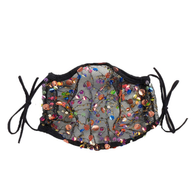 Black mesh face mask with colorful sequins, displayed on a mannequin with reddish-brown hair. - Image 8