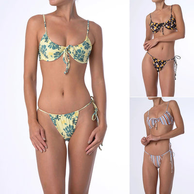 Black floral bikini with yellow and white flowers, bandeau top with tie front, and string bikini bottom with side ties. - Image 9