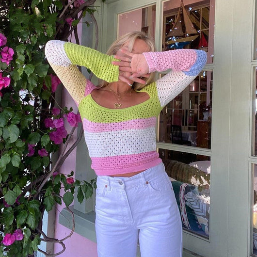Blusa Tejida Cuello Cuadrado Escote Bajo Rayas Multicolor Manga Larga Ajustada - Image 3