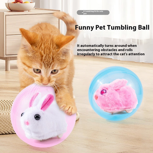 Plush orange and white hamster toy on wheels inside a transparent pink rolling ball, with components shown.