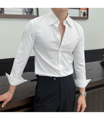 Camisa de Vestir Manga Larga a Rayas para Hombre con Cuello Italiano - Image 31