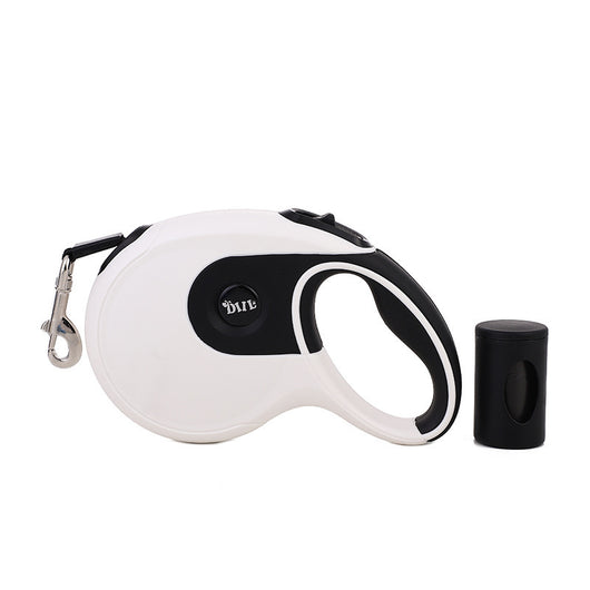 Blue and grey retractable dog leash with a black waste bag dispenser and a silver metal clip. - Image 36
