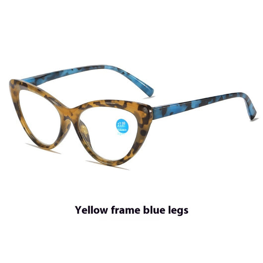 Black cat-eye anti-blue light reading glasses with green patterned temples on a white background. - Image 7