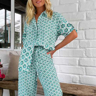 Conjunto Estampado de Moda Casual: Camisa + Pantalón Ancho