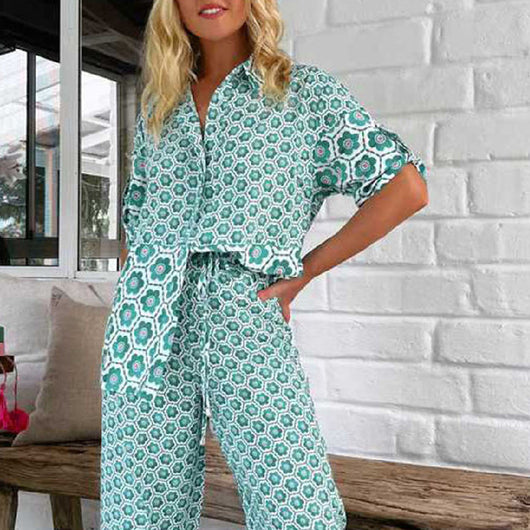 Conjunto Estampado de Moda Casual: Camisa + Pantalón Ancho