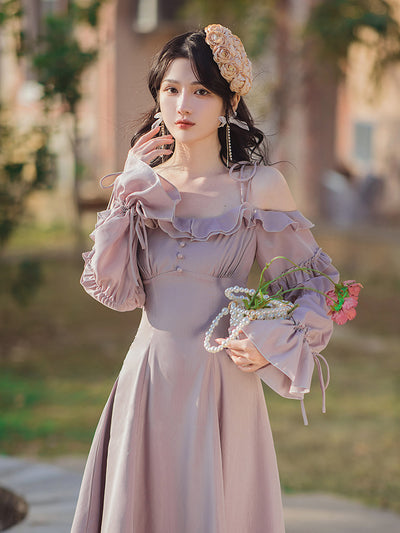 Vestido Vintage Francés Cuello Sling Lila