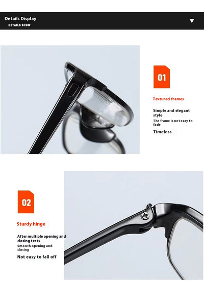 Two pairs of folding anti-blue light reading glasses, one brown and one black, partially folded on a white surface. - Image 16