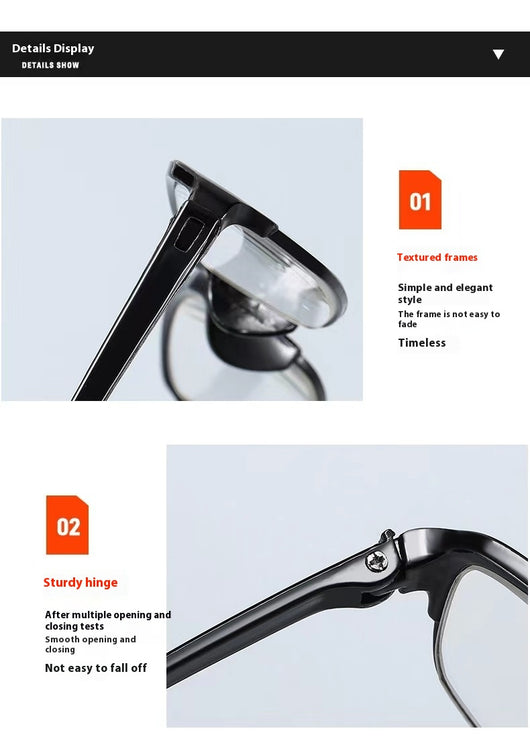 Two pairs of folding anti-blue light reading glasses, one brown and one black, partially folded on a white surface. - Image 16