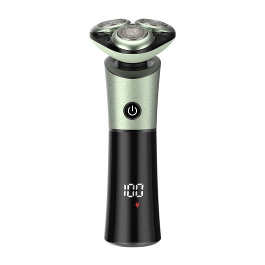 Rechargeable electric shaver with 3D floating head, black to blue-orange gradient, LED display, shown with charging cable, cleaning brush, and blade cover. - Image 5