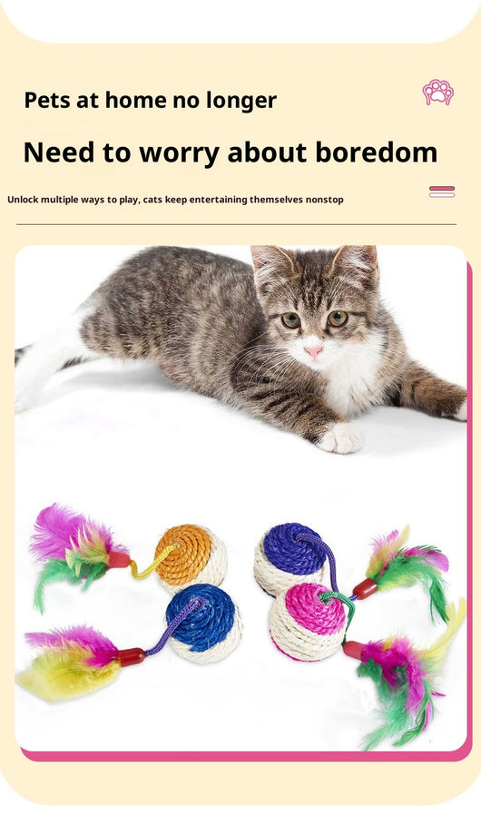 Four sisal ball cat toys with colorful feathers in pink, purple, blue, and teal stripes, for playing and grinding claws. - Image 15