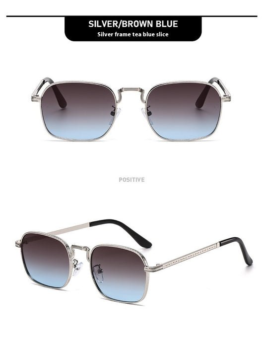 Gold frame square-oval sunglasses with gradient black and grey lenses and black temple tips on a white background. - Image 12