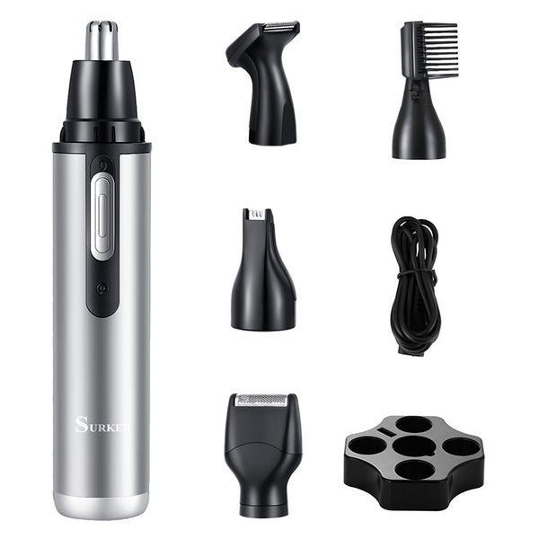 Five-in-one multifunctional USB charging hair trimmer kit with silver body, multiple black heads, and storage base. - Image 5