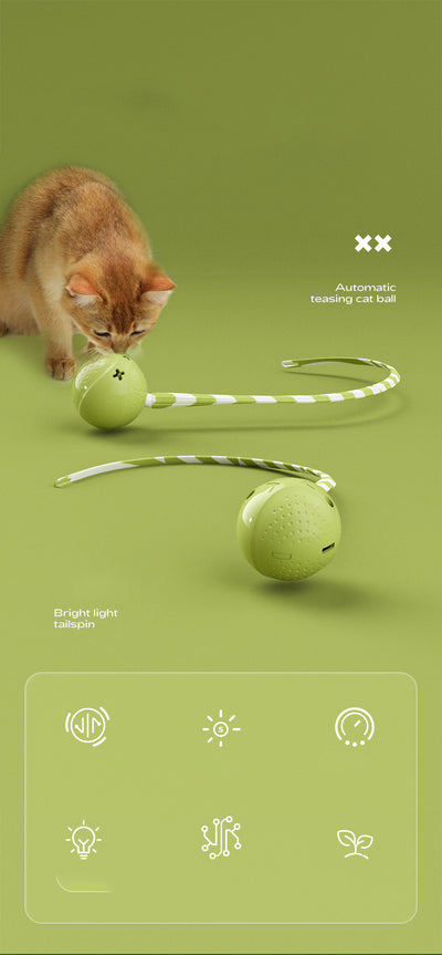Light green interactive cat ball toy with a green and white striped flexible wand, shown with a white USB charging cable. - Image 8