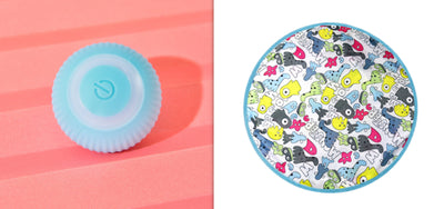 Pink round electronic cat toy with power symbol and a circular cat play mat with cartoon animals and pink border. - Image 9