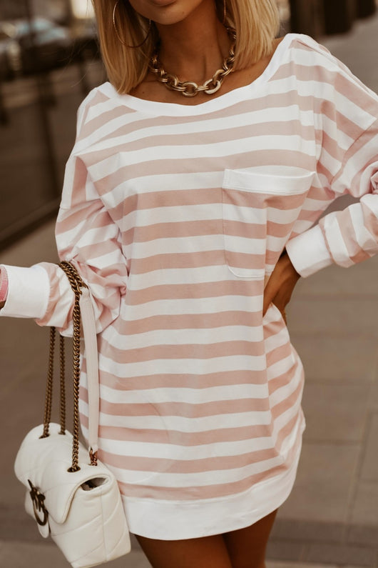 Suéter Suelto Casual de Manga Larga con Rayas y Bolsillos para Mujer