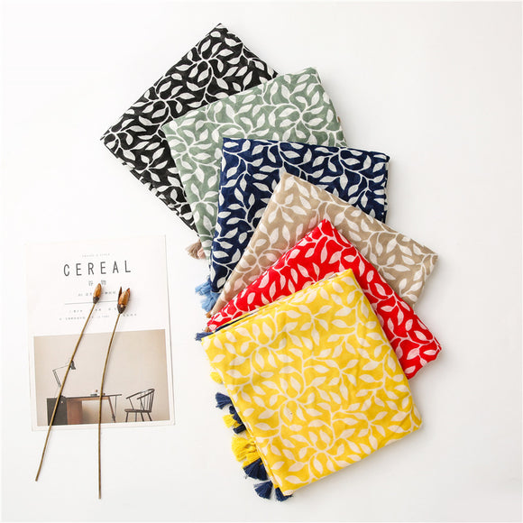 Chal Foulard de Algodón y Lino con Estampado de Hojas de Uva y Borlas
