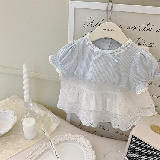 Conjunto Infantil Elegante Encaje Crema y Azul