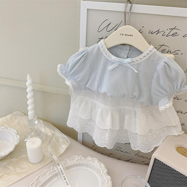 Conjunto Infantil Elegante Encaje Crema y Azul