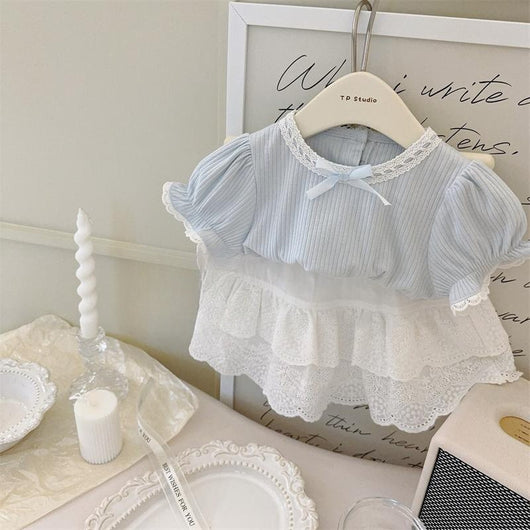 Conjunto Infantil Elegante Encaje Crema y Azul