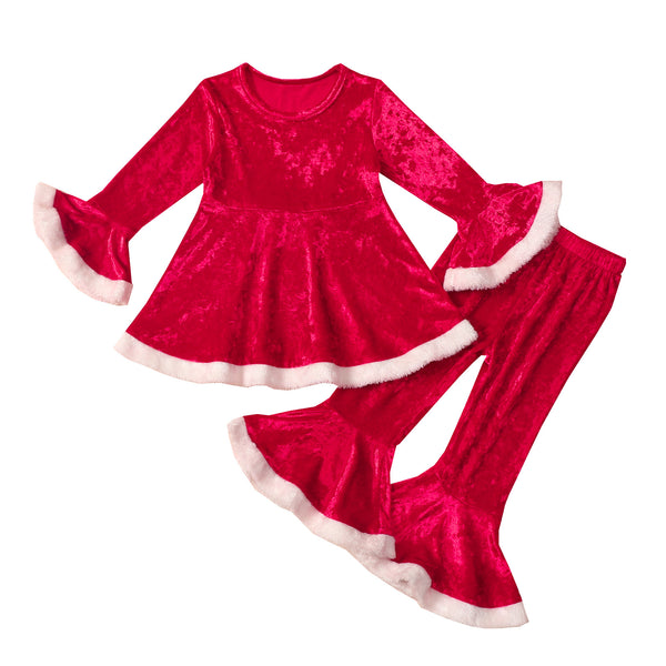 Conjunto de 2 Piezas: Pantalones Acampanados Borde Crudo Invierno Navidad Colores Sólidos