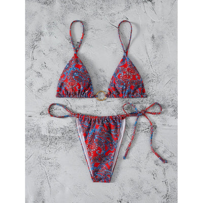Green and yellow paisley print two-piece bikini swimsuit with a triangle top and tie-side thong bottom. - Image 5
