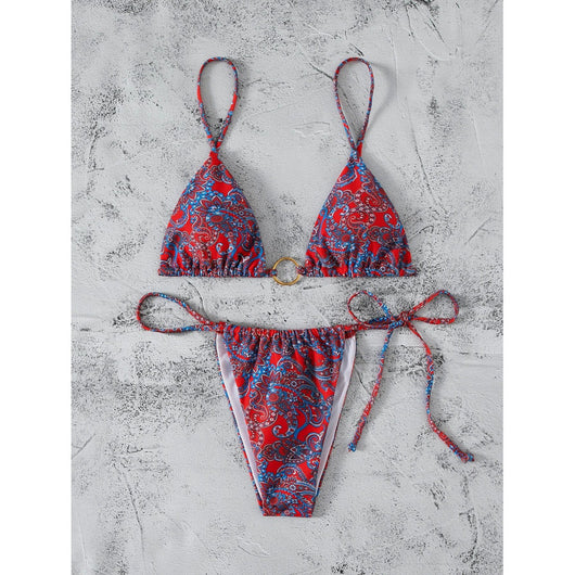 Green and yellow paisley print two-piece bikini swimsuit with a triangle top and tie-side thong bottom. - Image 5