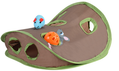 Brown and green cat play tunnel with nine holes, featuring a blue plush mouse and an orange ball with a bell. - Image 11
