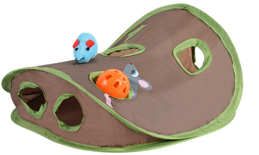 Brown and green cat play tunnel with nine holes, featuring a blue plush mouse and an orange ball with a bell. - Image 11