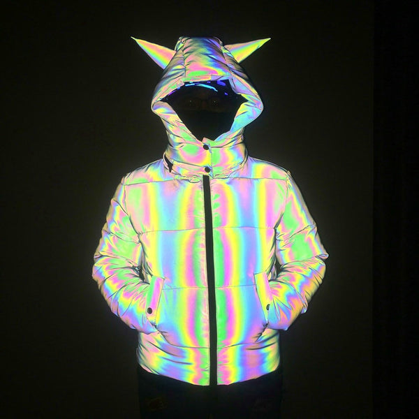 Abrigo de Algodón Reflectante con Cuernos 3D para Niñas - Diseño Animal Colorido