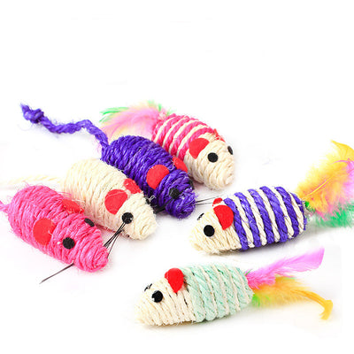 Five colorful sisal cat toy mice with red ears, black eyes, and some with vibrant feather tails. - Image 7