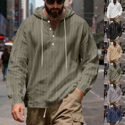 Camisa Lino Holgada Talla Grande Hombre a Rayas con Capucha - Image 33